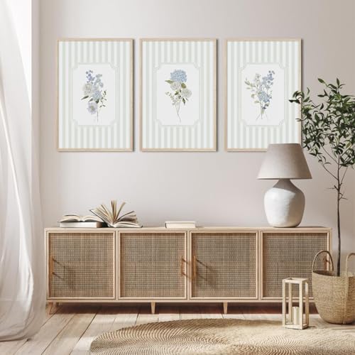 Tanmart Blue Hydrangea Wall Art Floral Canvas Prints Sage Green Striped Wall Decor Botanical Pictures Chinoiserie Flower Painting Watercolor Poster Wildflower Artwork for Living Room 12x16x3 Inch Unframed - Image 4