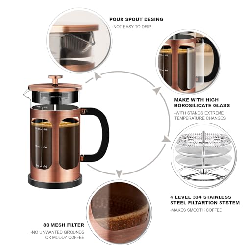 YMMIND French Press Coffee Maker (34oz 1Quart 5-6Cup) Coffee Press, with 4 Filters System, Heat Resistant Thickness Borosilicate Glass, Cold Brew Coffee Tea Pot Gifts (Copper) - Image 4