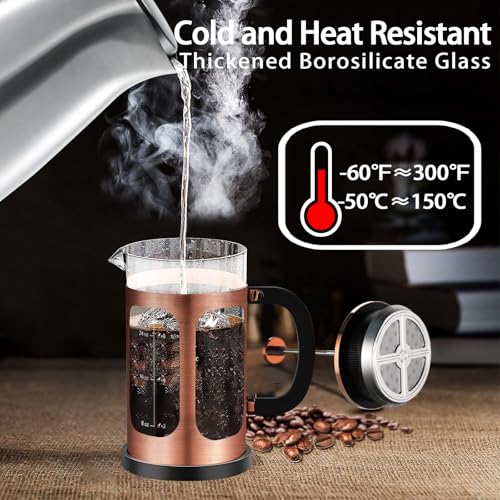 YMMIND French Press Coffee Maker (34oz 1Quart 5-6Cup) Coffee Press, with 4 Filters System, Heat Resistant Thickness Borosilicate Glass, Cold Brew Coffee Tea Pot Gifts (Copper) - Image 3