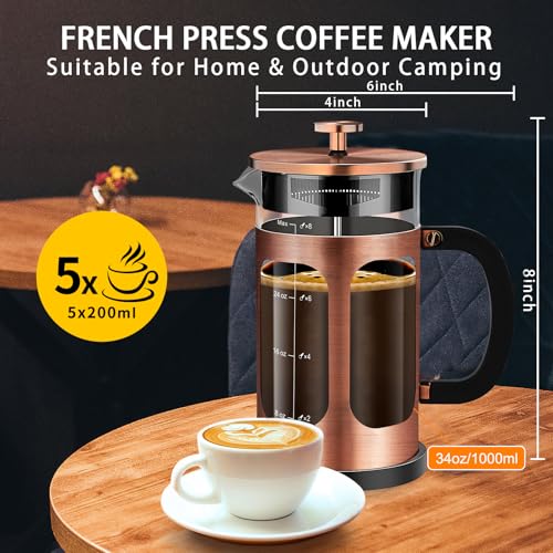 YMMIND French Press Coffee Maker (34oz 1Quart 5-6Cup) Coffee Press, with 4 Filters System, Heat Resistant Thickness Borosilicate Glass, Cold Brew Coffee Tea Pot Gifts (Copper) - Image 5