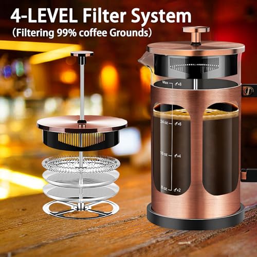 YMMIND French Press Coffee Maker (34oz 1Quart 5-6Cup) Coffee Press, with 4 Filters System, Heat Resistant Thickness Borosilicate Glass, Cold Brew Coffee Tea Pot Gifts (Copper) - Image 2