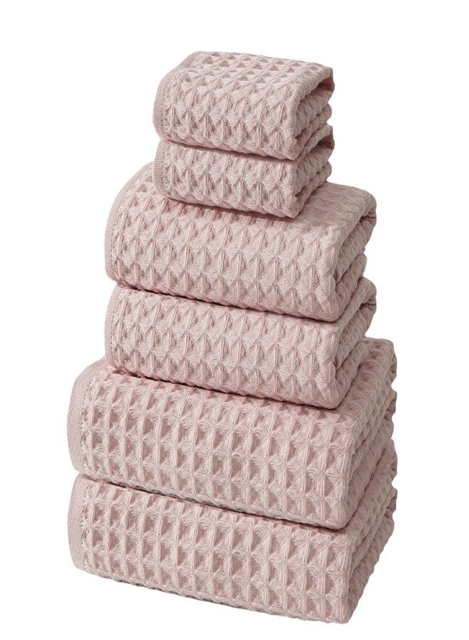 SK Studio 6 Piece Bath Towel Set, Cotton Hotel Large Waffle Towels Absorbent Quick Dry - 2 Bath, 2 Hand, 2 Washcloths for Spa Pink Bathroom - Image 1