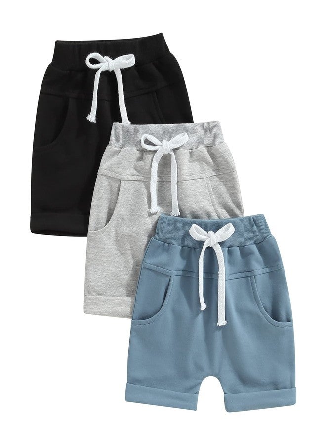Thilsidee 3 Pack Toddler Baby Boy Girl Solid Color Shorts Elastic Waist Casual Short Trousers Spring Summer Fall Short Pants (A-Black Grey Blue, 0-6 Months) - Image 1