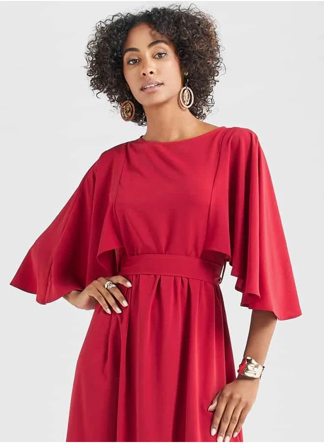 FAV Solid Midi Dress with Flutter Sleeves and Tie-Up Belt