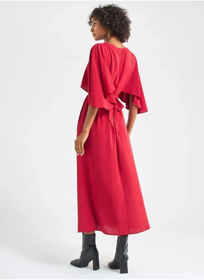 FAV Solid Midi Dress with Flutter Sleeves and Tie-Up Belt