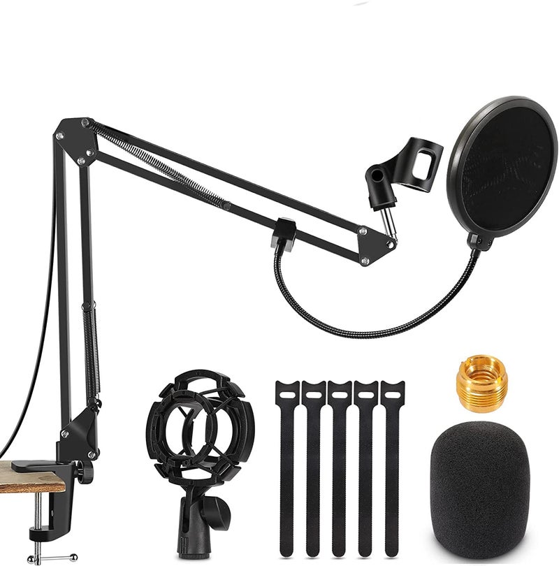 Audio Array AA-06 Microphone Boom Arm with 35cm+35cm=70cm Adjustable Suspension Scissor Arm Stand, Shock Mount, Base Clamp, Pop-Filter, 3/8" to 5/8" Universal Screw Adapter, 4x Cable Ties - Image 1