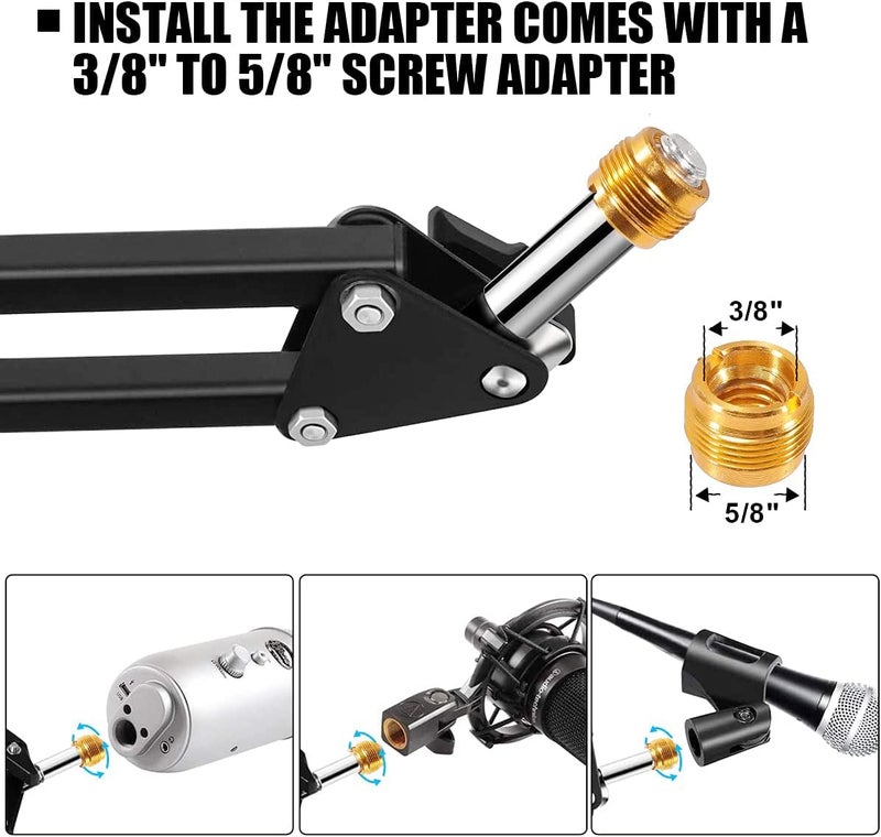 Audio Array AA-06 Microphone Boom Arm with 35cm+35cm=70cm Adjustable Suspension Scissor Arm Stand, Shock Mount, Base Clamp, Pop-Filter, 3/8" to 5/8" Universal Screw Adapter, 4x Cable Ties - Image 4