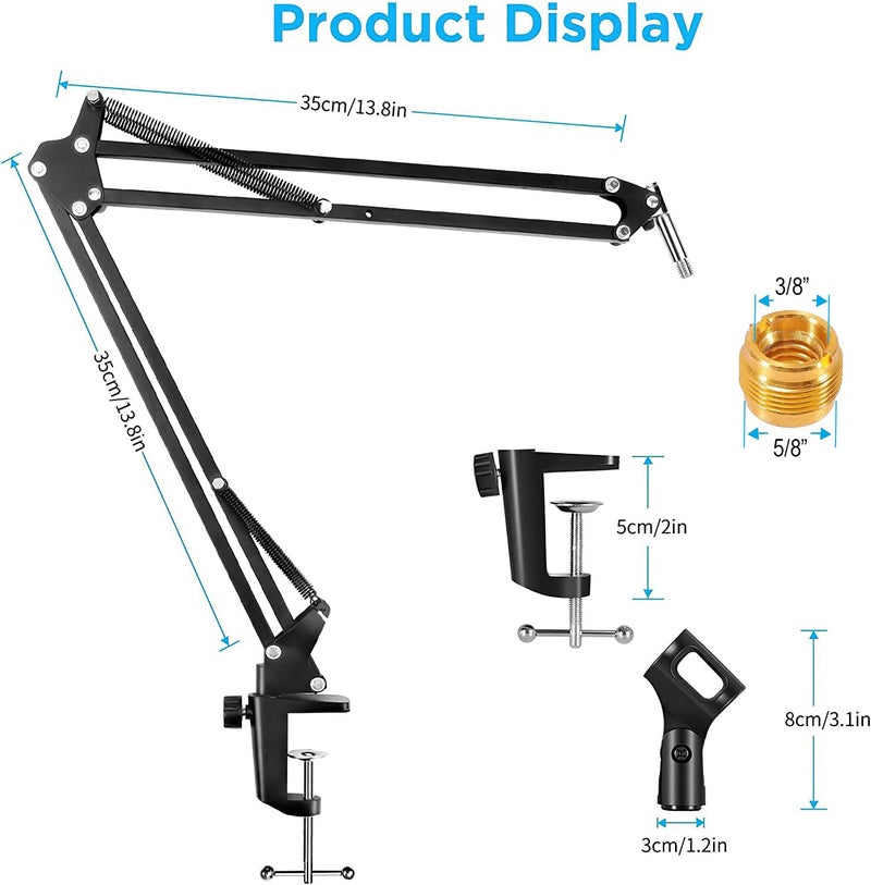 Audio Array AA-06 Microphone Boom Arm with 35cm+35cm=70cm Adjustable Suspension Scissor Arm Stand, Shock Mount, Base Clamp, Pop-Filter, 3/8" to 5/8" Universal Screw Adapter, 4x Cable Ties - Image 2