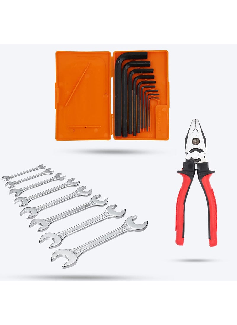 Hillgrove Hillgrove HGCM330M1 9 Pieces Allen Key Kit with 8Pcs Double Open End Wrench with 8Inch Plier Bolt Spanner Goti Wrench L Shape Repair Tool Set for Allen Key Set 