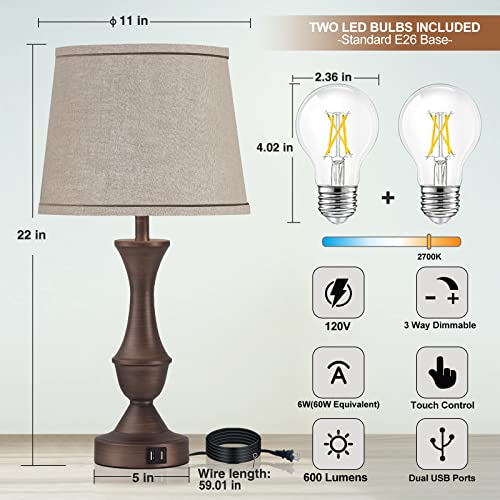Luvkczc Touch Table Lamps Set of 2, 22" Tall Bedside Lamps with USB C+A Ports, Dimmable Table Lamp, Nightstand Lamps for Bedroom, Living Room, Office, Brown Lamps with Beige Lampshade, Bulbs Included - Image 3