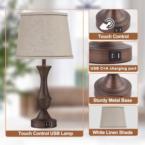 Luvkczc Touch Table Lamps Set of 2, 22" Tall Bedside Lamps with USB C+A Ports, Dimmable Table Lamp, Nightstand Lamps for Bedroom, Living Room, Office, Brown Lamps with Beige Lampshade, Bulbs Included - Image 4