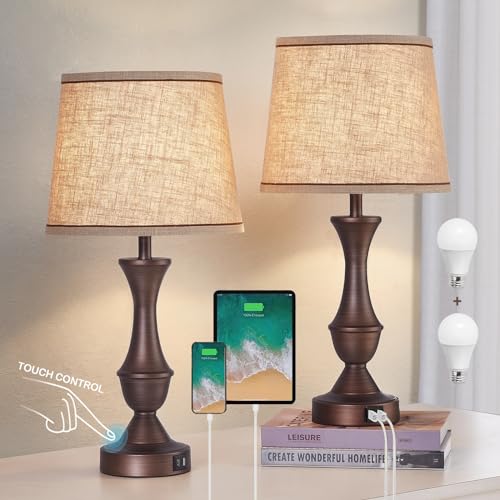 Luvkczc Touch Table Lamps Set of 2, 22" Tall Bedside Lamps with USB C+A Ports, Dimmable Table Lamp, Nightstand Lamps for Bedroom, Living Room, Office, Brown Lamps with Beige Lampshade, Bulbs Included - Image 1