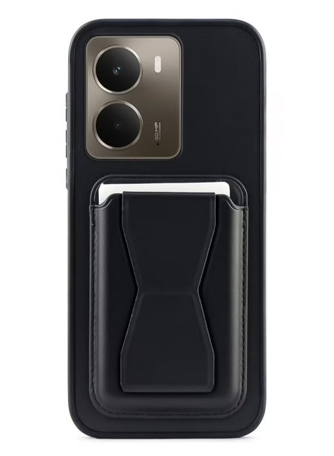 غطاء خلفي من الجلد مع محفظة بطاقات، جراب قابل للطي مقاوم للصدمات متوافق مع Realme 14 (أسود)