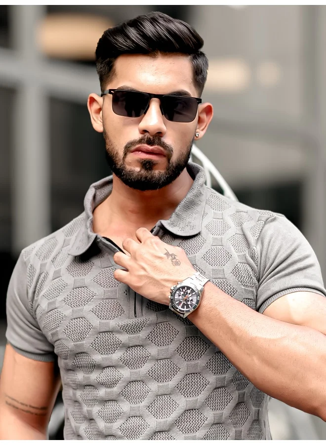 مانياك تيشيرت بولو رجالي قطن نص كم سادة رمادي داكن