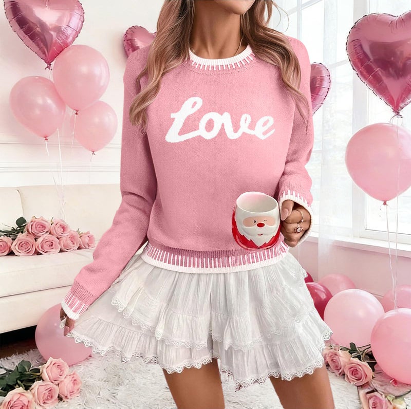 LUKYCILD Valentines Sweater Women Love Heart Sweatshirt Valentine Day Love Sweaters Cute Knitted Long Sleeve Pullover Tops Pink - Image 3
