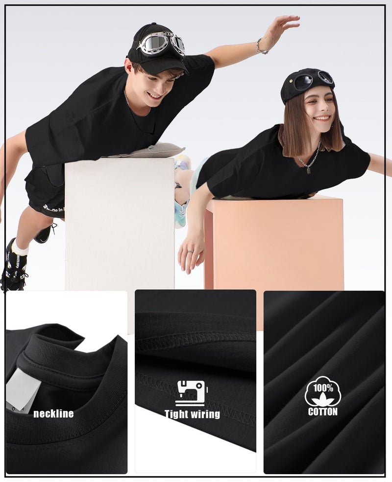 KEEPSHOWING Men's Oversized T-Shirts Cotton Unisex Short Sleeve Tshirts Crew Neck Loose Basic Tops Solid Athletic Tee(WT+DGY+BK L) - Image 4