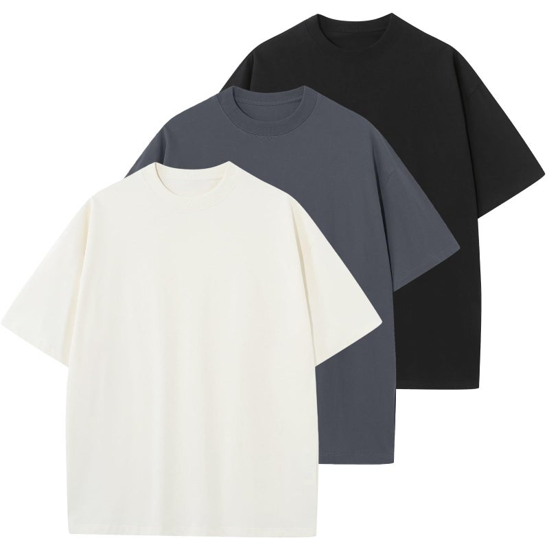 KEEPSHOWING Men's Oversized T-Shirts Cotton Unisex Short Sleeve Tshirts Crew Neck Loose Basic Tops Solid Athletic Tee(WT+DGY+BK L) - Image 1