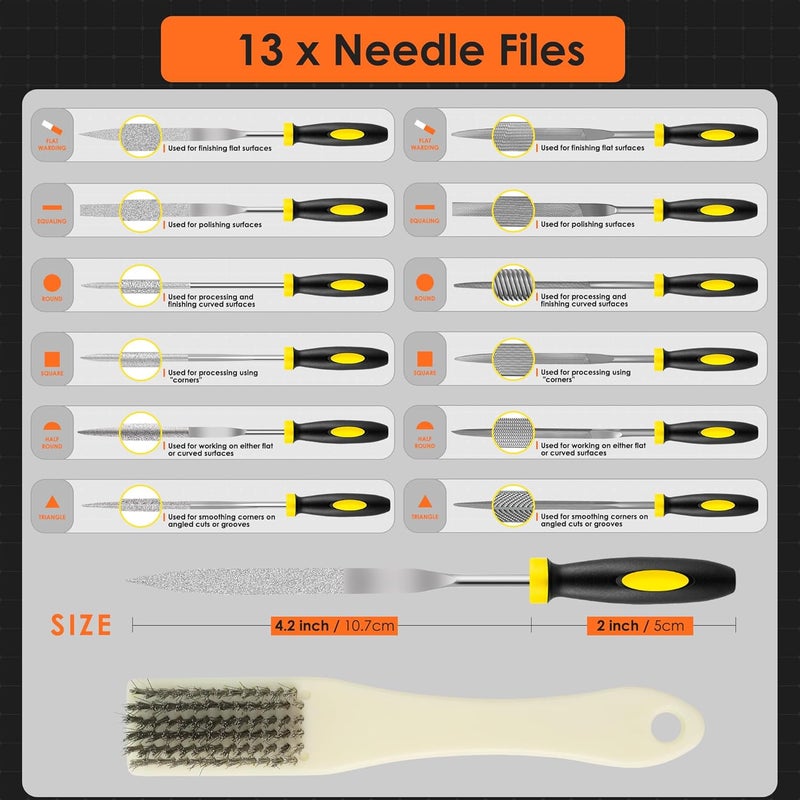 kapoua Small File Set, Needle Diamond File 13PCS, 6pcs Jewlers Files & 6pcs Steel Files Precision Metal Work, Woodworking, Plastic Carving Tool with Steel Brush and Carry Case - Image 2