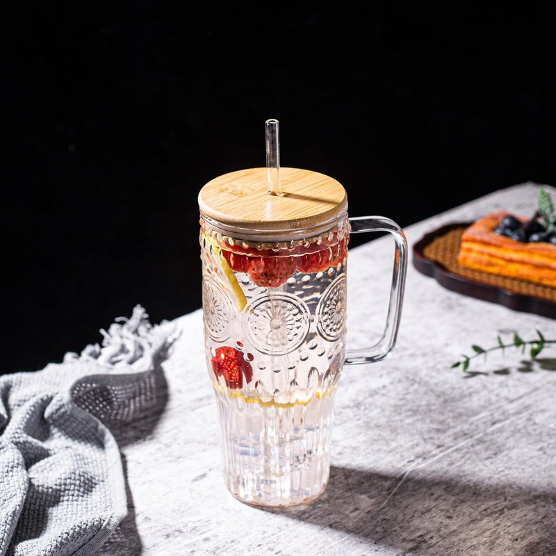 Bandesun 32oz Vintage Glass Cup with Handle with Bamboo Lids and Straws - Borosilicate Glass Tumbler for Hot and Cold drinks - Image 5
