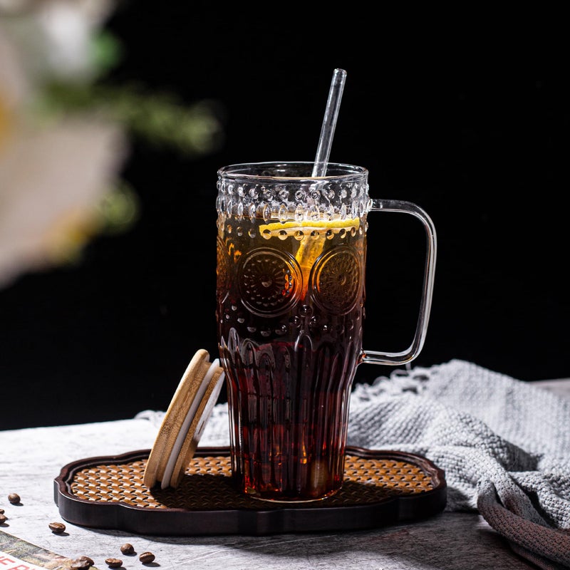 Bandesun 32oz Vintage Glass Cup with Handle with Bamboo Lids and Straws - Borosilicate Glass Tumbler for Hot and Cold drinks - Image 4