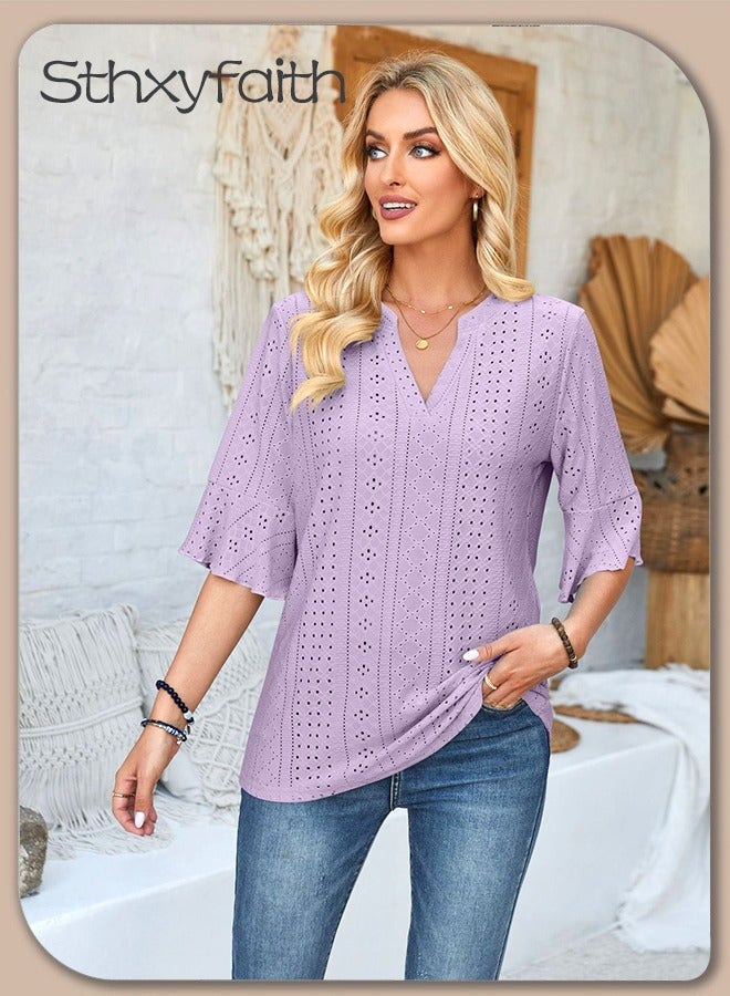 Sthxyfaith Women's Summer Elegant T-shirt V-neck Ruffle Short Sleeve Top Casual Solid Color Chiffon Cool Shirt for Daily Wear - Image 1