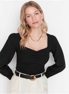 Black Gather Detailed Woven Blouse TWOAW23BZ00633