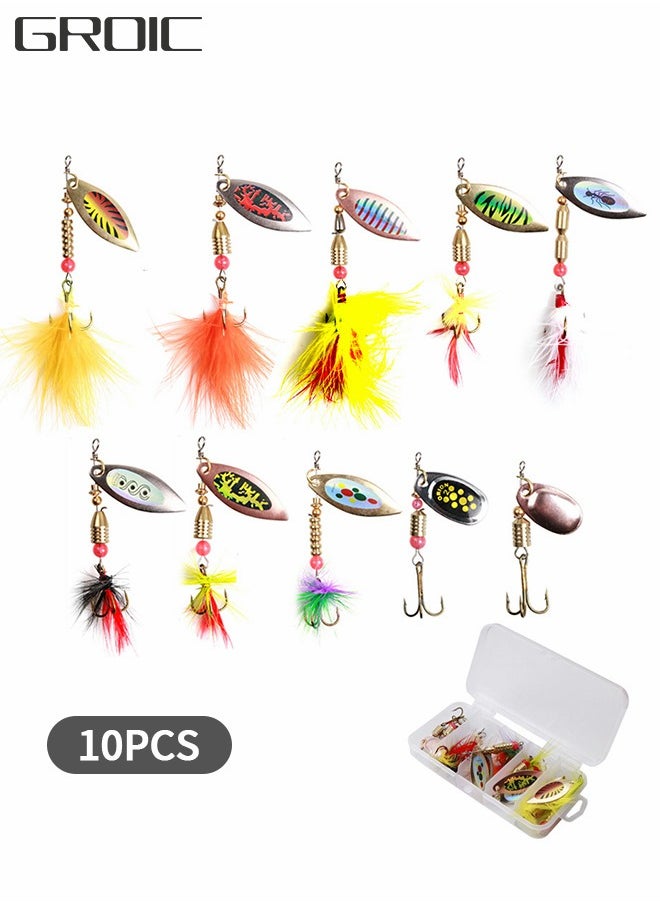 GROIC 10 Pack Spinnerbait, Bass Trout Salmon Hard Metal Spinner Bait Kit, Spinner Tail Faux Hard Bait with Storage Box, Fishing Fake Bait Set  - Image 1