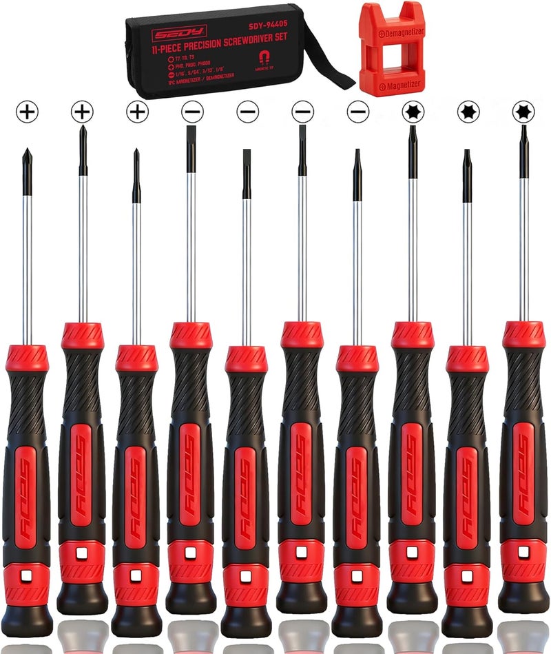 SEDY 11-Piece Precision Screwdriver Set - Magnetic Mini Screwdrivers for Eyeglasses, Watches, Computers, Laptops, Phones - Phillips, Slotted, Torx, Non-Slip Handle, Portable Storage Bag Included - Image 1