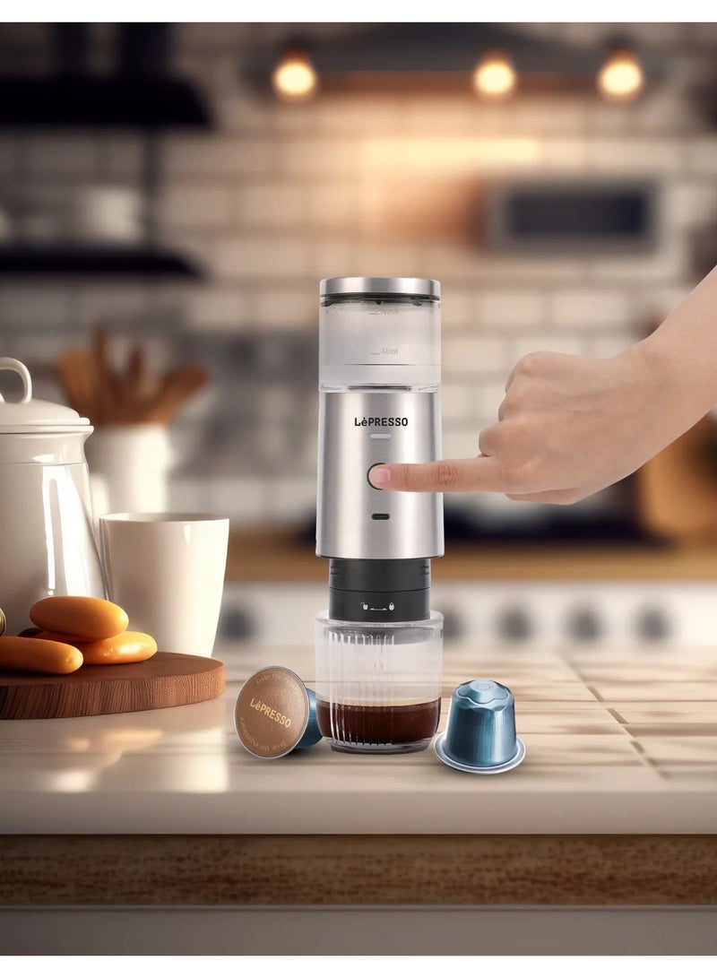 LePRESSO Portable 9 Bar Espresso Machine with Powder & Nespresso Capsule Pods / 100ml Water Tank / One Click Operation / 2000 mAh Rechargeable Battery / Travel Friendly Coffee Maker - Silver - Image 2