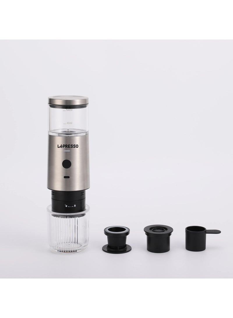 LePRESSO Portable 9 Bar Espresso Machine with Powder & Nespresso Capsule Pods / 100ml Water Tank / One Click Operation / 2000 mAh Rechargeable Battery / Travel Friendly Coffee Maker - Silver - Image 3