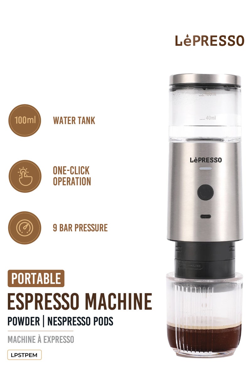 LePRESSO Portable 9 Bar Espresso Machine with Powder & Nespresso Capsule Pods / 100ml Water Tank / One Click Operation / 2000 mAh Rechargeable Battery / Travel Friendly Coffee Maker - Silver - Image 1