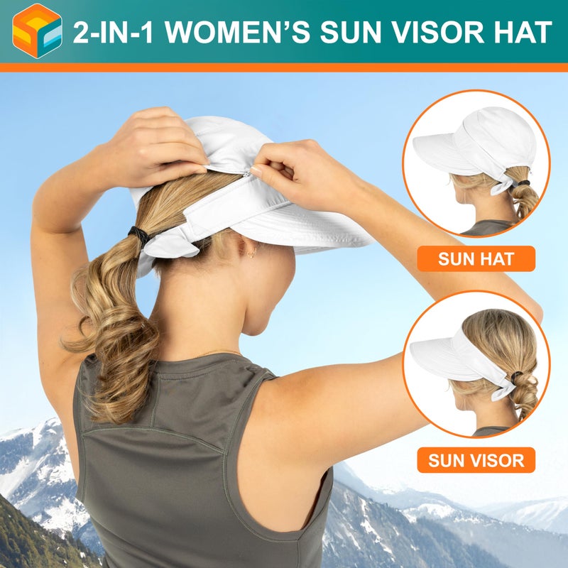 Suncube SUN CUBE Women Sun Hat for Outdoor UV Protection, Wide Brim Sun Hat Ponytail, Convertible Zip-Off Beach Hat Visor for Golf Gardening Pool Travel, Foldable Summer UPF50+ Visor Hat, White - Image 5