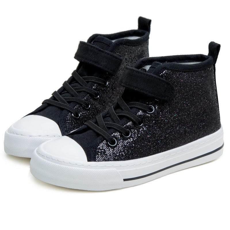 Toandon Kids Girls Boys Sneakers Glitter Sparkle Shoes Toddler Child Slip On High Top Toddler Adjustable Hook Loop Straps Velcro NonSlip Lightweight Grey Black Size 3 - Image 2