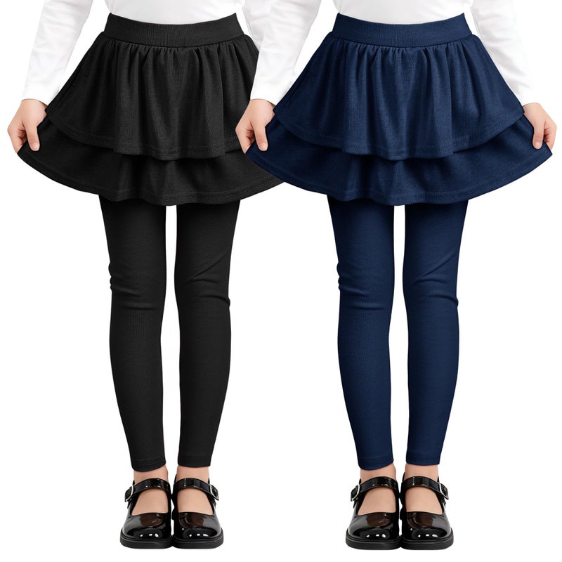 Resinta 2 Pack Girls Leggings Uniform Pants Legging with Skirts Stretch Warm Pant 4-14 Years Black, Navy - Image 1