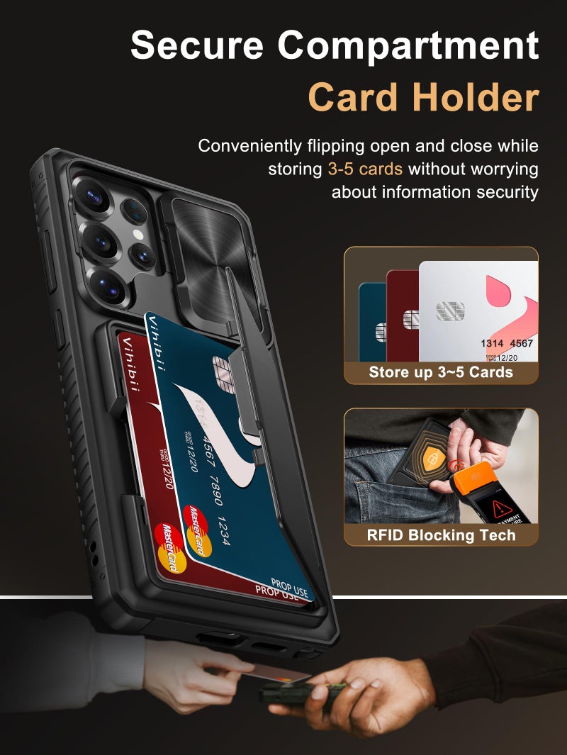 Vihibii for Samsung Galaxy S25 Ultra Case with Card Holder (4 Cards), [RFID Blocking] & Slide Camera Cover & Military Grade Drop Protection, Heavy Duty Wallet Cover for Samsung Galaxy S25 Ultra, Black - Image 3