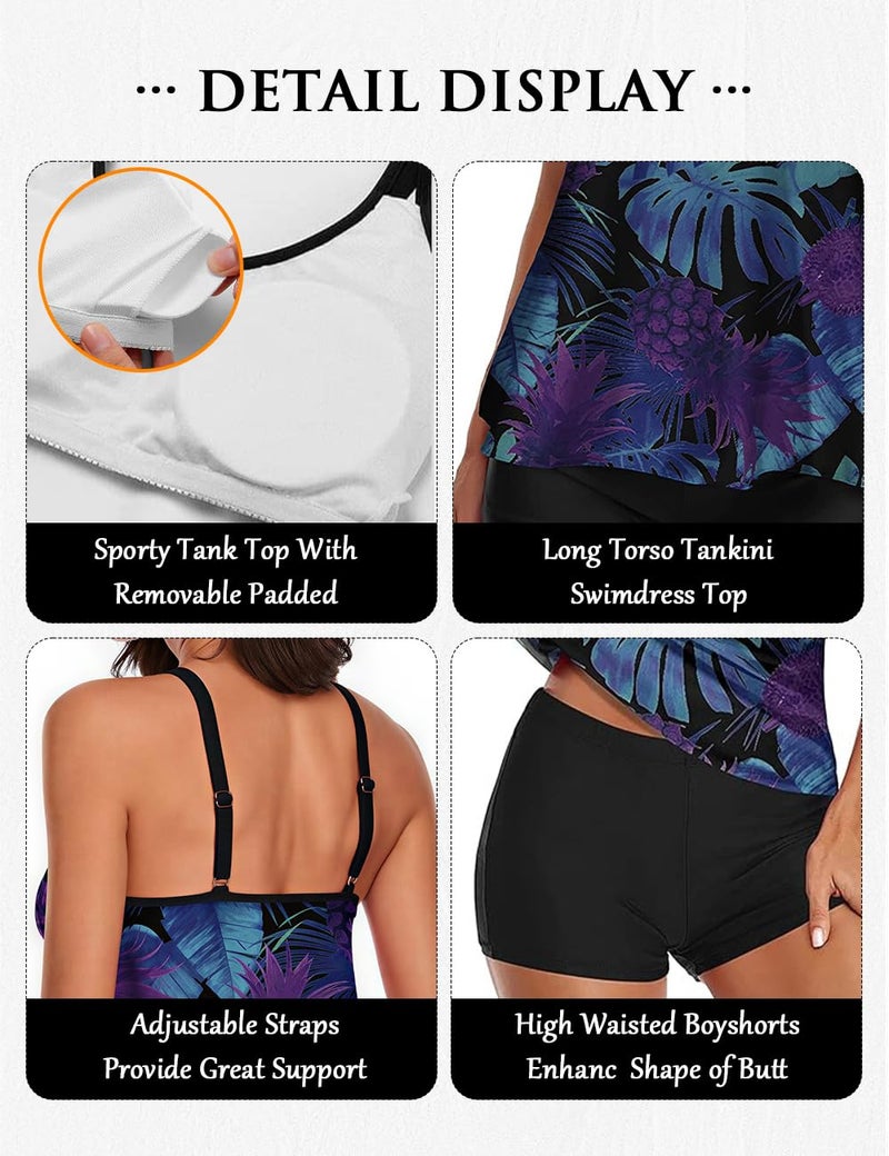 Urchics Womens Gray Tankini Swimsuit Tank Top Two Piece Bathing Suits with Boyshorts Z-Purple Blue Leaves L - Image 4
