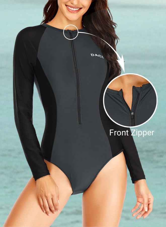 Daci Women Grey Black Rash Guard Long Sleeve One Piece Swimsuit Zipper Surfing Bathing Suit UPF 50 XS - Image 3