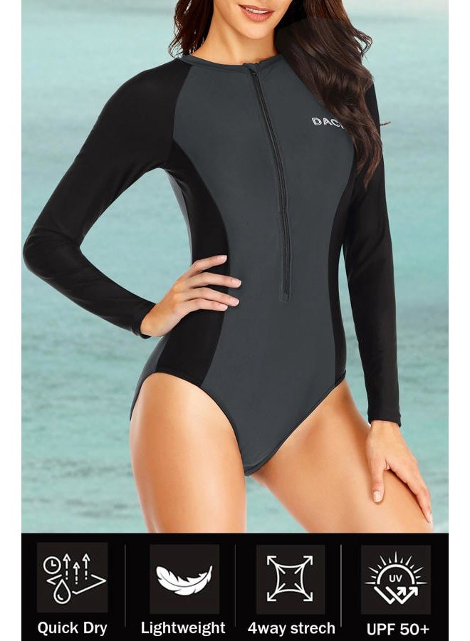Daci Women Grey Black Rash Guard Long Sleeve One Piece Swimsuit Zipper Surfing Bathing Suit UPF 50 XS - Image 4