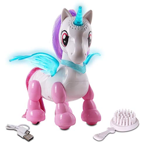 NKOK USB PetBotz Robo Unicorn Rechargeable Miniature Interactive pet Robot Lights up Sound Activated Makes Noises on Command Comes with Necklace and Hair Brush USB Charger Included - Image 1