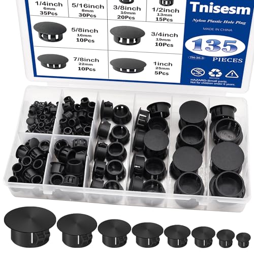 Tnisesm 135Pcs 8 Sizes Nylon Plastic Hole Plugs Black 1/4" 5/16" 3/8" 1/2" 5/8" 3/4" 7/8" 1" Round Drill Hole, Furniture Cabinet Insert End Caps Industrial Hardware Biscuits & Plugs - Image 1