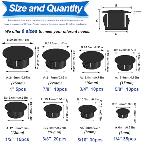 Tnisesm 135Pcs 8 Sizes Nylon Plastic Hole Plugs Black 1/4" 5/16" 3/8" 1/2" 5/8" 3/4" 7/8" 1" Round Drill Hole, Furniture Cabinet Insert End Caps Industrial Hardware Biscuits & Plugs - Image 2