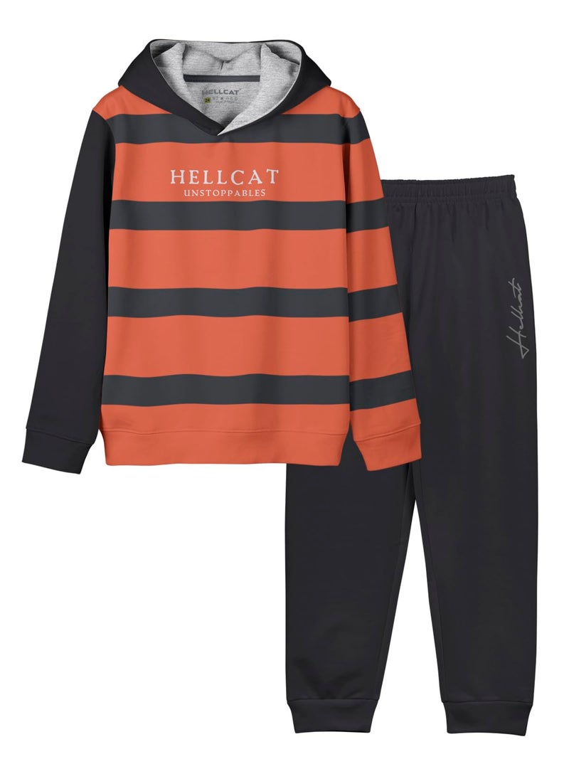 HELLCAT Trendy Printed Cotton Blend Hoodie T-Shirt Jogger Trackpant Clothing Set for Boys - Pack of 1 / Orange / 15-16 Years - Image 1