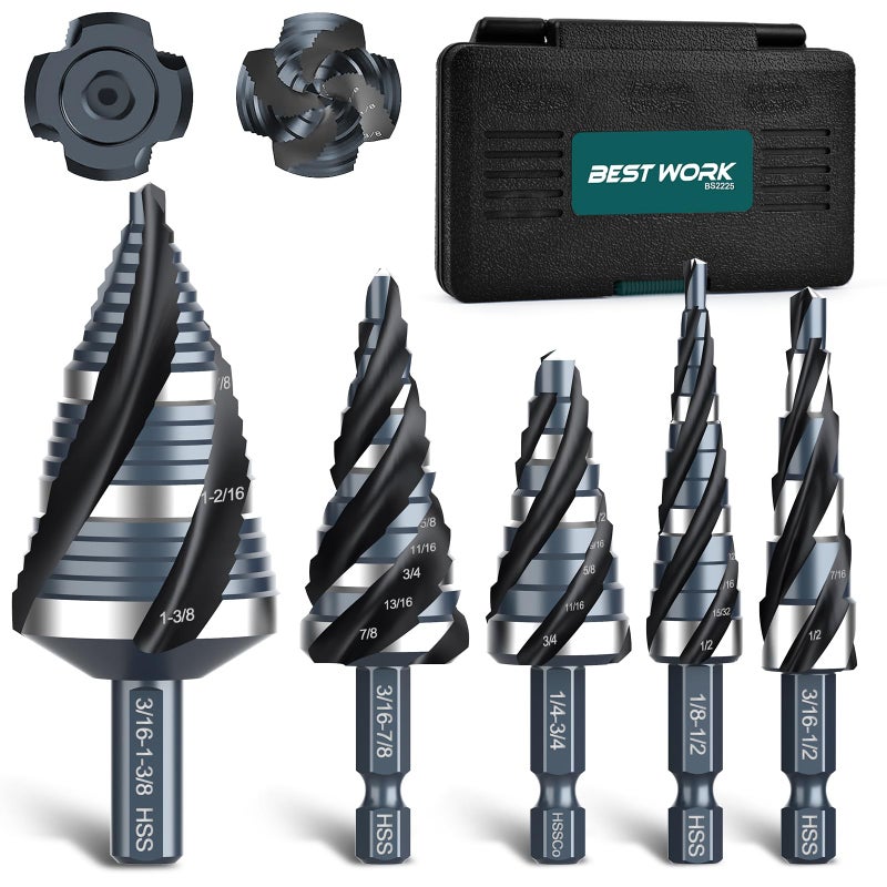 Bestwork Four Spiral Flute Step Drill Bit Set, 1/8"-1-3/8" 5PCS High-Speed Steel Unibit Step Bits with 1/4" and 3/8" Hex Shank for Stainless Steel Metal Aluminum Wood Plastic - Image 1