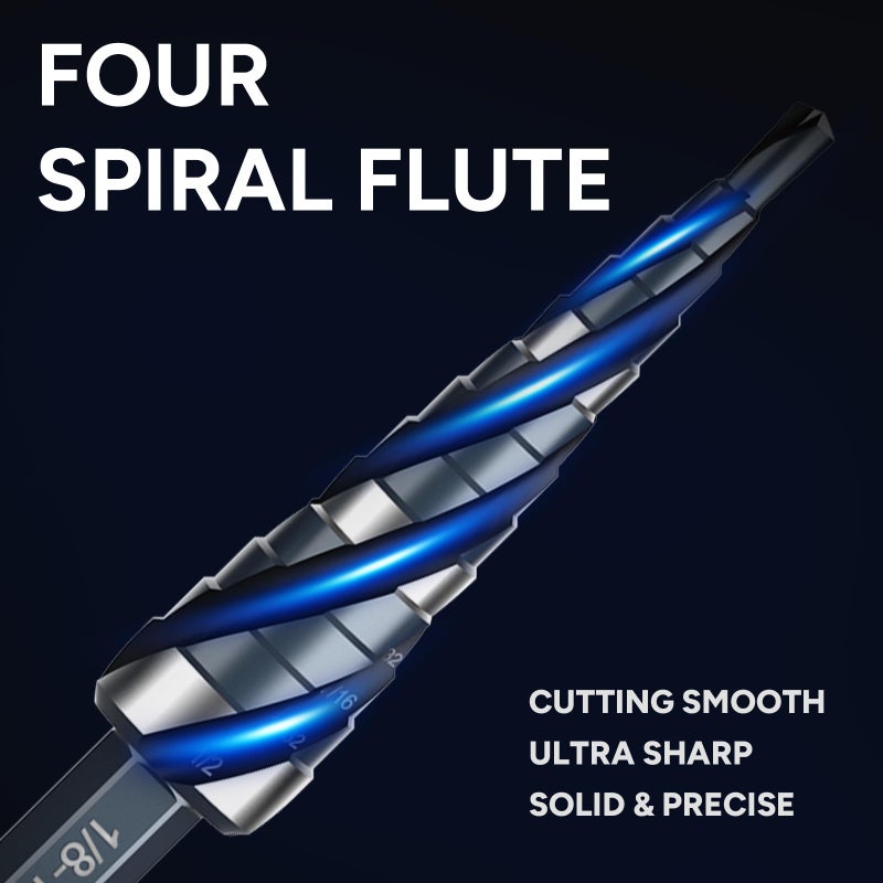 Bestwork Four Spiral Flute Step Drill Bit Set, 1/8"-1-3/8" 5PCS High-Speed Steel Unibit Step Bits with 1/4" and 3/8" Hex Shank for Stainless Steel Metal Aluminum Wood Plastic - Image 2