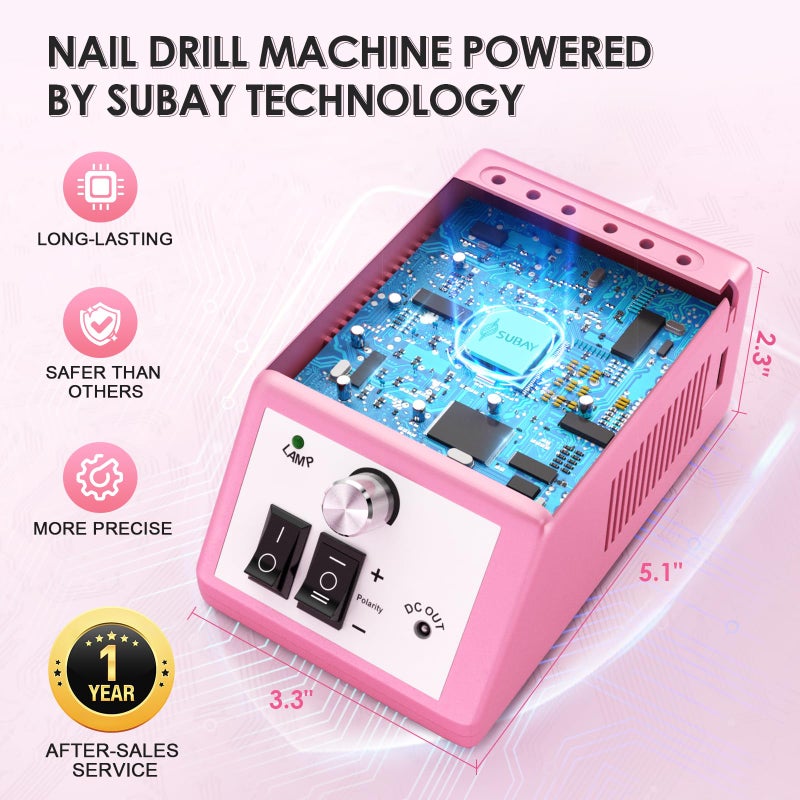 Subay Professional Finger Toe Nail Care Electric Nail Drill Machine Manicure Pedicure Kit Electric Nail Art File Drill with 1 Pack of Sanding Bands (Pink) - Image 3
