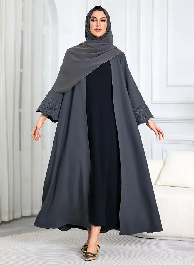 Take Two Grey Solid Maxi Abaya with Scalloped Sleeves