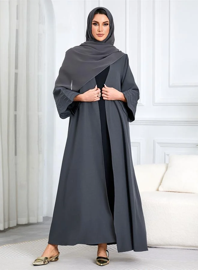 Take Two Grey Solid Maxi Abaya with Scalloped Sleeves