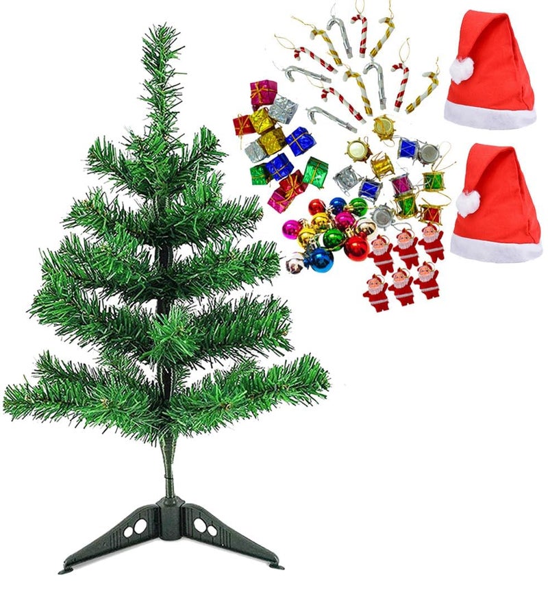 Sesonby 2 feet Long Artificial XMass Christmas Tree and 2 Santa Caps 12 Multi Balls 12 Drum 12 Gift 6 Candy 6 Santa Total 50 pcs Hangings Ornaments - Image 1