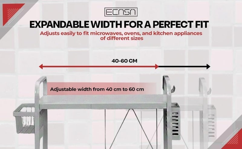ECASA ™ Expandable Microwave Stand – 2-Tier Height Adjustable Kitchen Rack with Hooks for Utensils, Plates, and Appliances – Countertop & Floor Organizer, Black & White (White) - Image 4