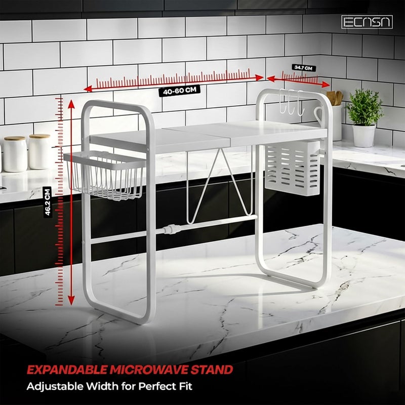 ECASA ™ Expandable Microwave Stand – 2-Tier Height Adjustable Kitchen Rack with Hooks for Utensils, Plates, and Appliances – Countertop & Floor Organizer, Black & White (White) - Image 5